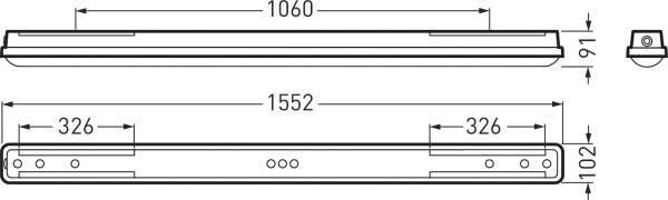 Technický výkres obdélníkového svítidla. Délka 1552 mm, šířka 91 mm, výška 102 mm. Zobrazen boční pohled a pohled shora.