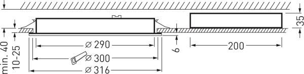 Technický výkres kulatého vestavného svítidla. Rozměry: průměr 290-316 mm, vestavná hloubka 135 mm, vzdálenost 200 mm.
