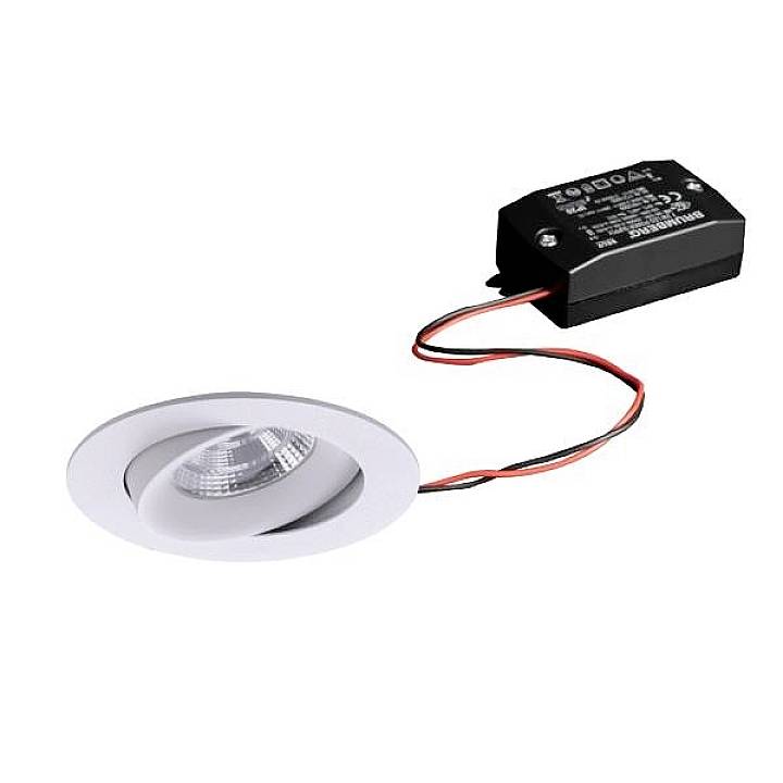 Vestavné svítidlo s kulatým bílým rámečkem a LED osvětlením, propojené s černým transformátorem, vhodné pro montáž na strop.