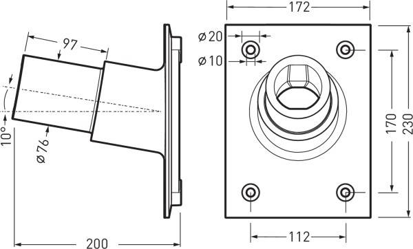 Technický výkres potrubní příruby s rozměry: délka 200 mm, šířka 230 mm, sklon 10 stupňů, průměr 76 mm.