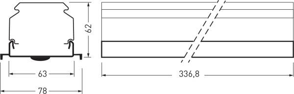 Boční pohled a pohled shora kovového profilu s rozměry: výška 62 mm, šířky 63 mm a 78 mm, délka 336,8 mm.