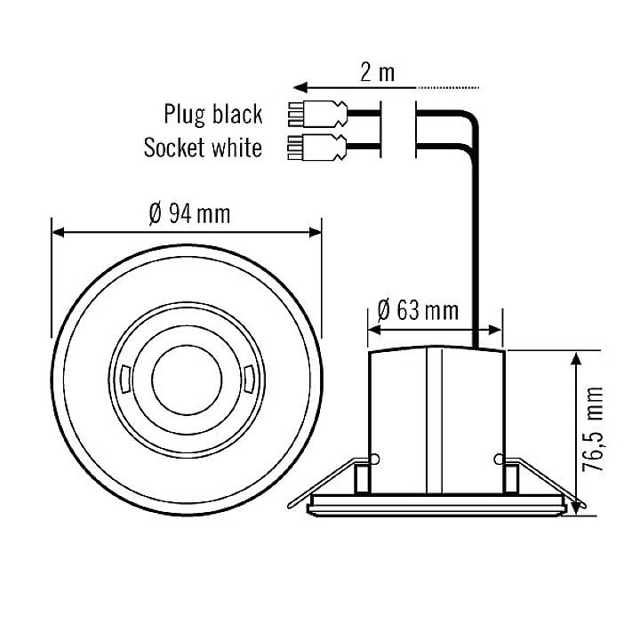 Vestavné světlo s rozměry: průměr 94 mm, výška 76,5 mm. Kabel 2 m, černá zástrčka, bílá objímka.