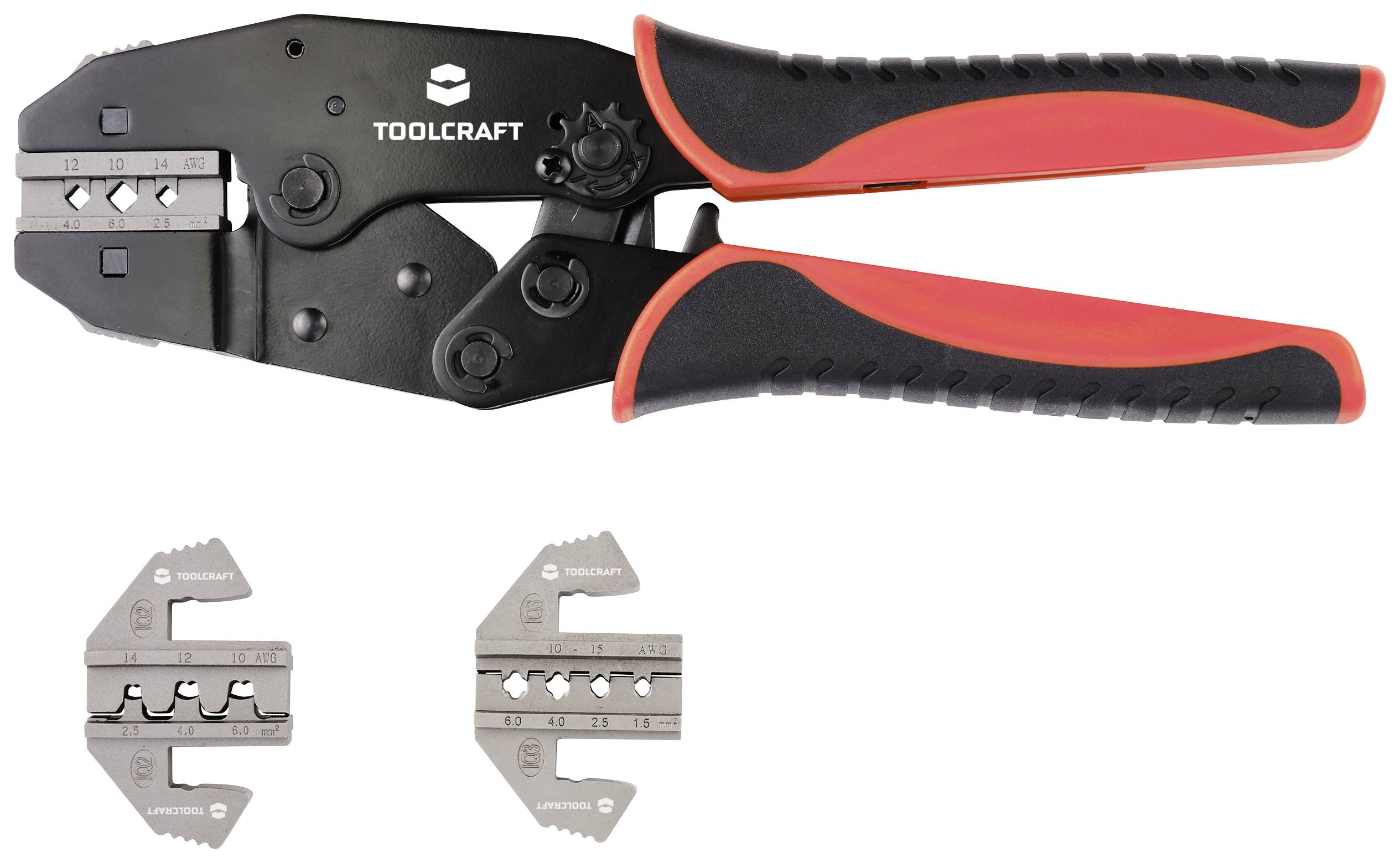 Černočervené crimp kleště značky 'Toolcraft' se dvěma vyměnitelnými matricemi pro různé velikosti kabelů.
