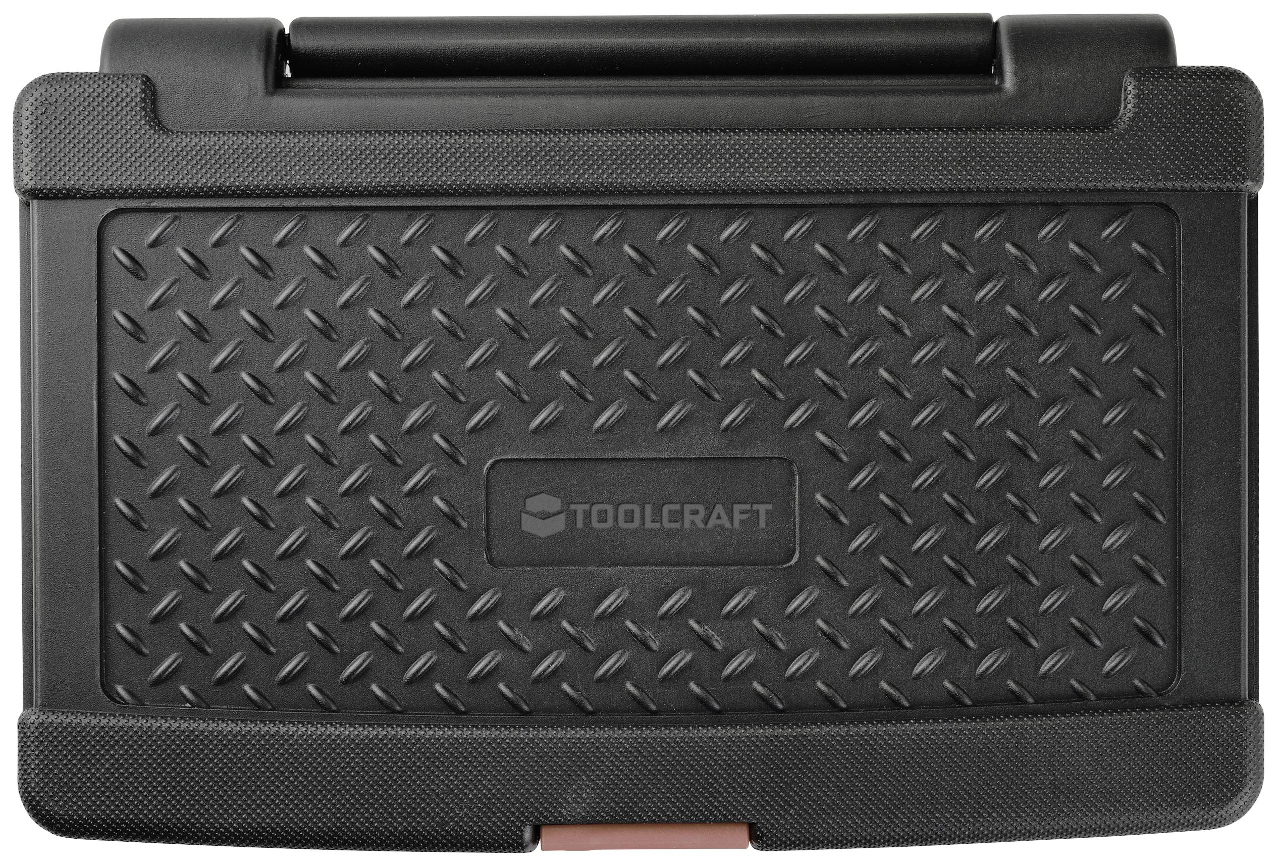 Černý kufřík na nářadí s károvaným vzorem a logem 'Toolcraft' uprostřed.