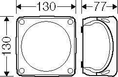 Technický výkres čtvercového dílu o rozměrech 130x130 mm a hloubce 77 mm, včetně otvorů pro šrouby.