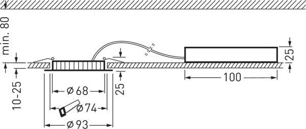 Montážní výkres pro stropní svítidlo: průměr výřezu 68 mm, minimální výška stropu 80 mm. Transformátor umístěn 100 mm stranou.