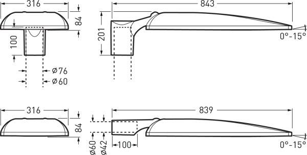 Technický výkres kliky dveří s rozměry: délka 843 mm, hloubka 316 mm, výška 201 mm. Detaily ke sklonu a průměru otvoru.