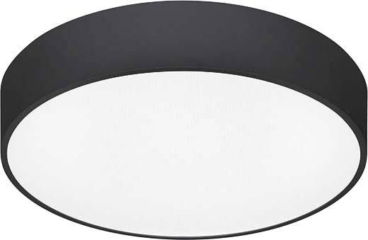 Kulaté stropní svítidlo s černým rámečkem a bílým difuzorem; minimalistický design pro rovnoměrné rozptýlení světla.