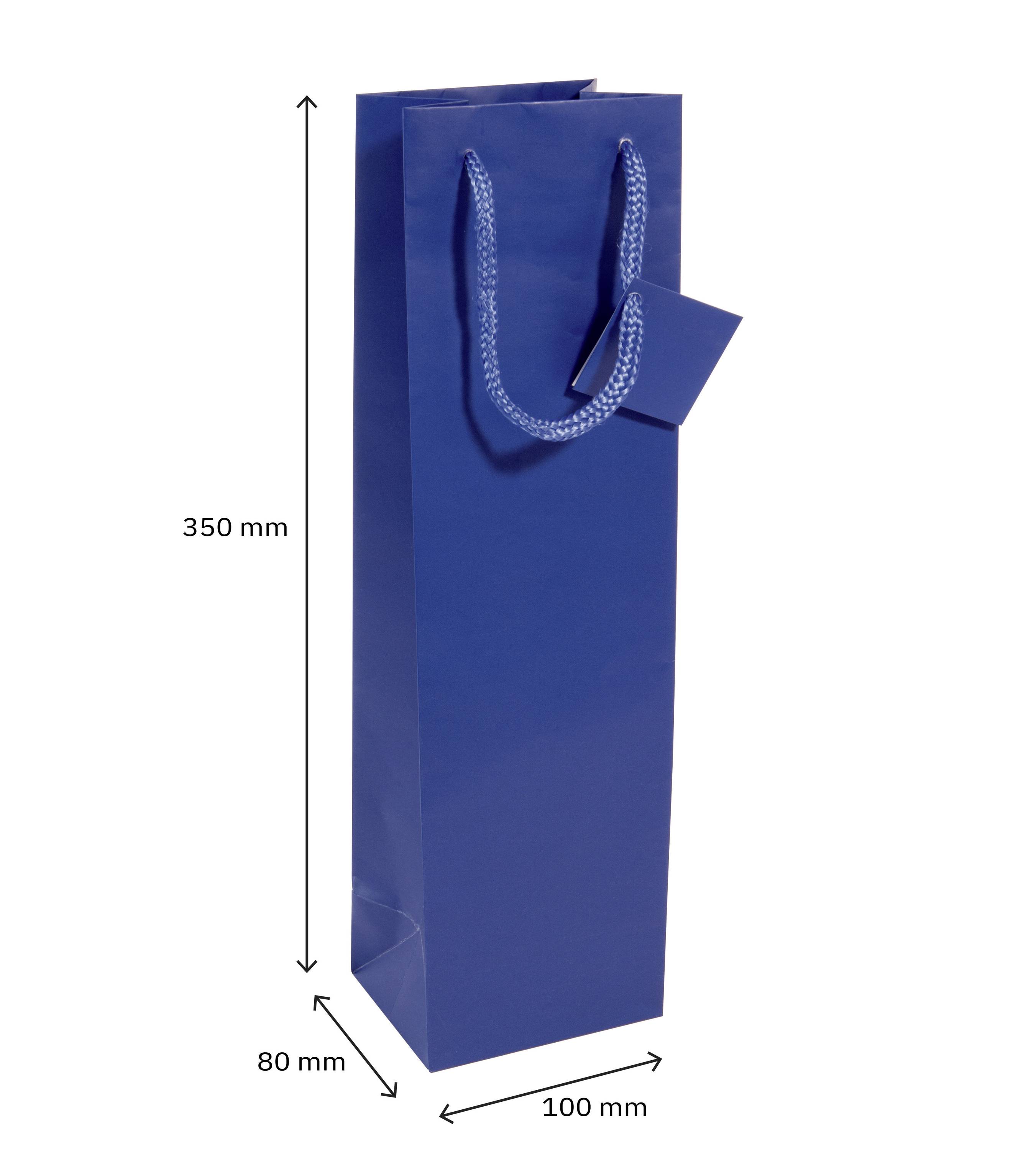 Modrý, podlouhlý dárkový sáček s šňůrkovým uchem, vysoký 350 mm, široký 100 mm a hluboký 80 mm.