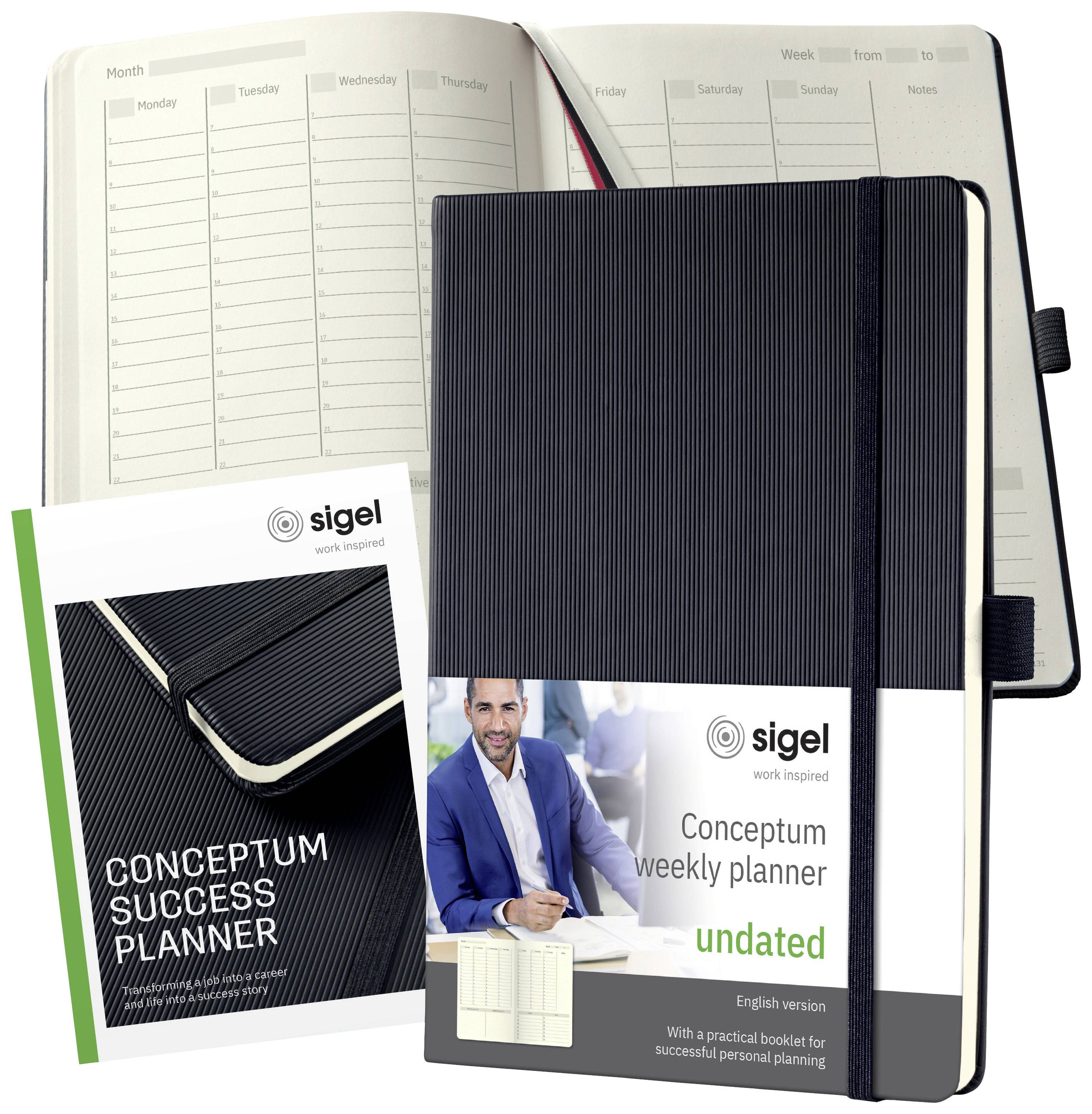 Otevřený týdenní plánovač ukazuje dny v týdnu a sloupce pro poznámky. Vedle něj leží kniha s potiskem obalu 'Conceptum Success Planner'.
