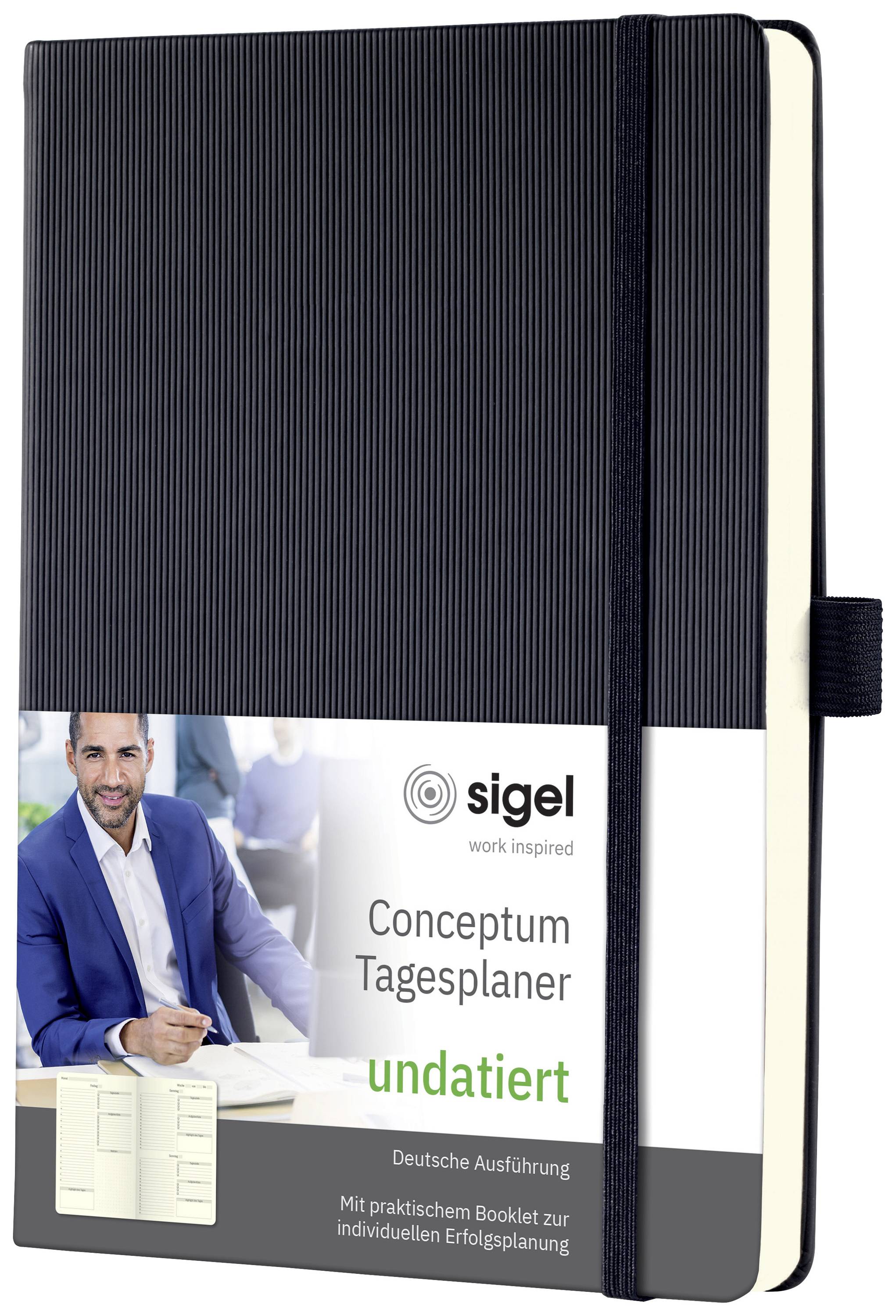 Černý denní plánovač Conceptum od značky Sigel, nedatovaný, s vyobrazeným mužem v businessovém oblečení a doplňkovým plánovacím sešitem.