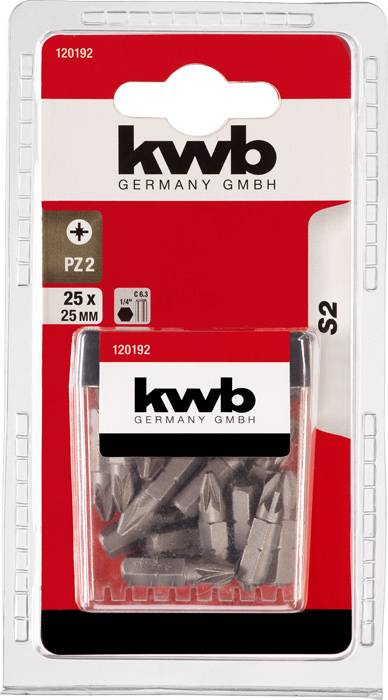 Balení 25 šroubovacích bitů velikosti PZ2, délky 25 mm, od společnosti kwb Germany GmbH.