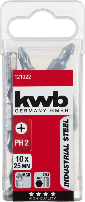 Balení 'kwb Germany GmbH' obsahující 10 šroubovákových bitů, velikost PH2, délka 25 mm. Vyrobeno z 'průmyslové oceli'.