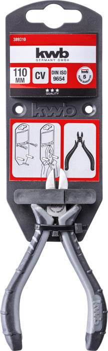 'Štípací kleště, 110 mm, značka kwb, na černém kartonu s vyobrazením funkce a normy DIN ISO 9654.'