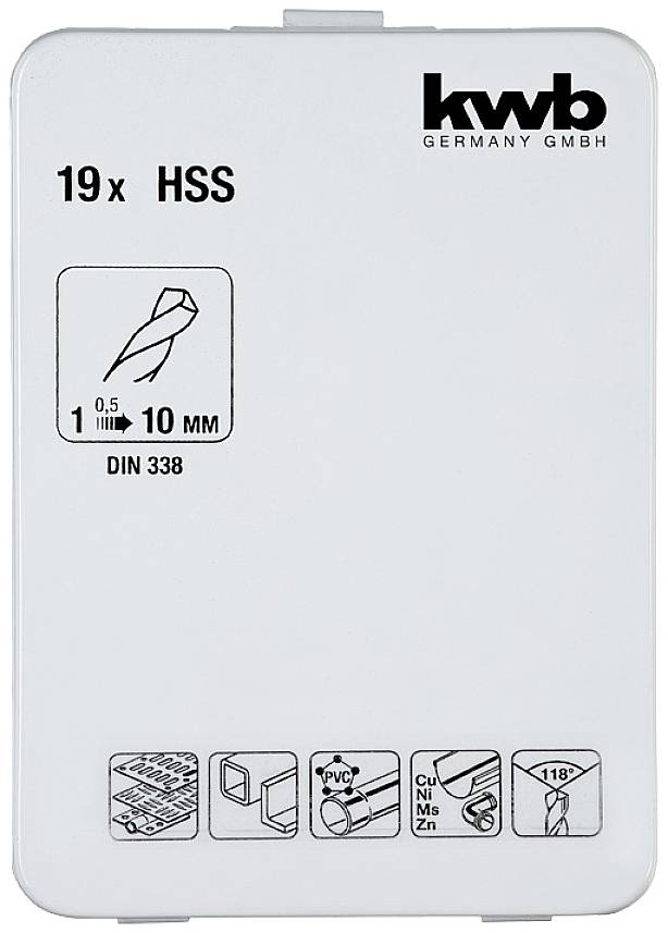 Balení 19-dílné sady vrtáků z rychlořezné oceli (HSS) od společnosti 'kwb GERMANY GMBH', vhodné pro materiály jako dřevo, PVC, kov, průměr 1-10 mm.