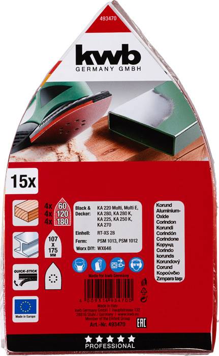 'KWB Germany GmbH Sada brusných papírů, 15 kusů, pro přímé a trojúhelníkové brusky, zrnitost 60, 120, 180. Obsahuje různé brusné listy pro různé aplikace.'