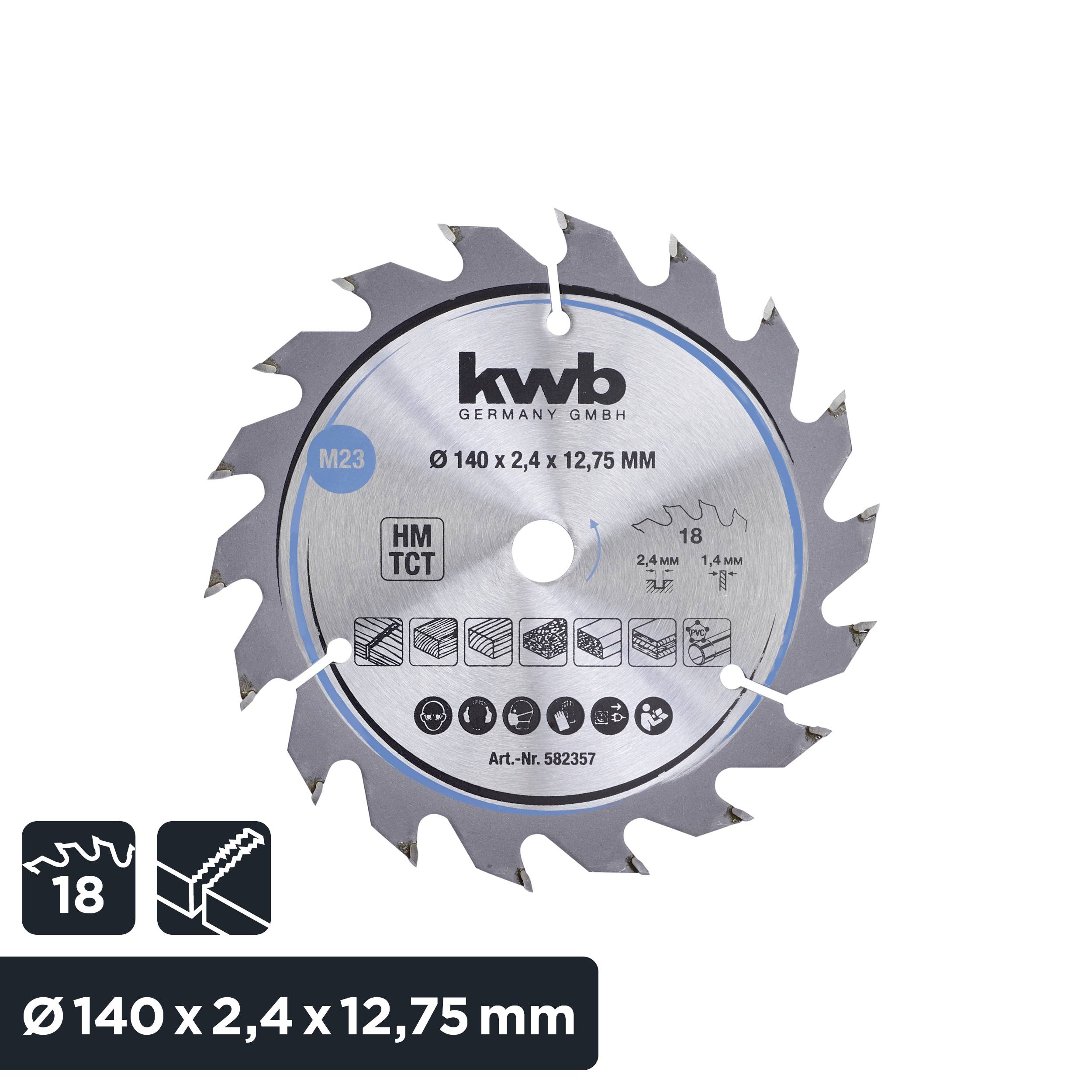 Pilový kotouč 'kwb Germany GmbH' s 18 zuby, průměr 140 mm, určený pro řezání: dřeva, laminátu. Č. výrobku 582357.