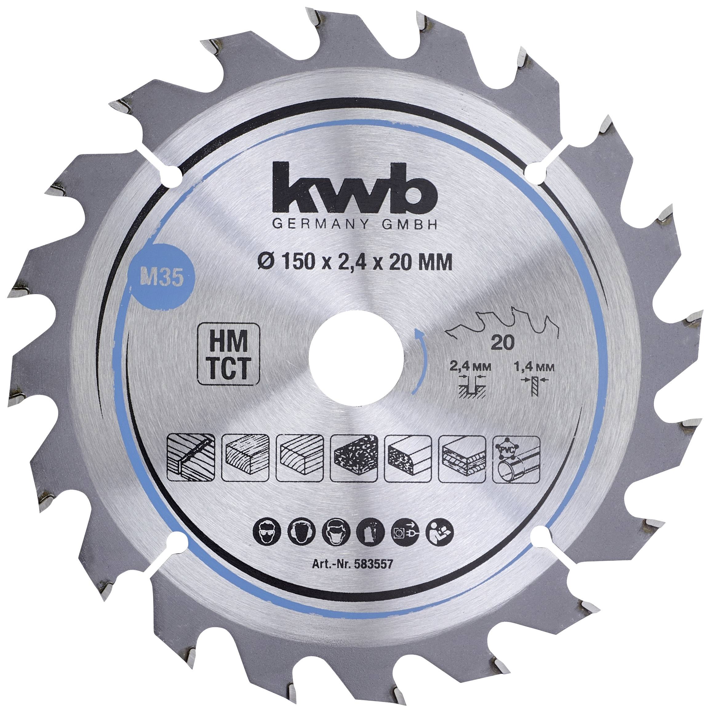 Pilový kotouč se 20 zuby, průměr 150 mm, pro dřevo a další materiály, značka 'kwb Germany GmbH', katalogové číslo 583557.