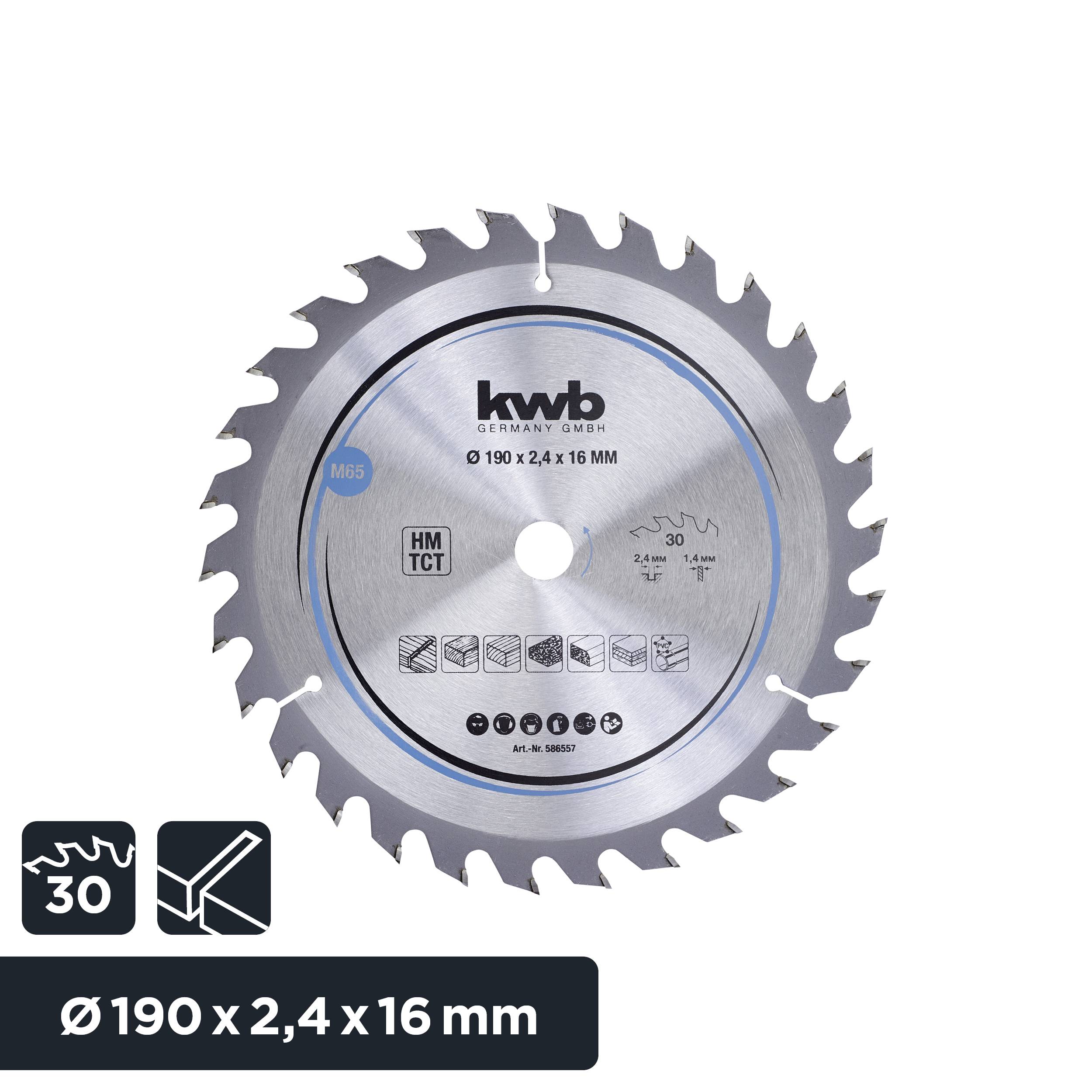 Pilový list s 24 zuby pro práci se dřevem, průměr 190 mm, tloušťka 2,4 mm, upínací otvor 16 mm. Centricky umístěné označení 'kwb GERMANY'.