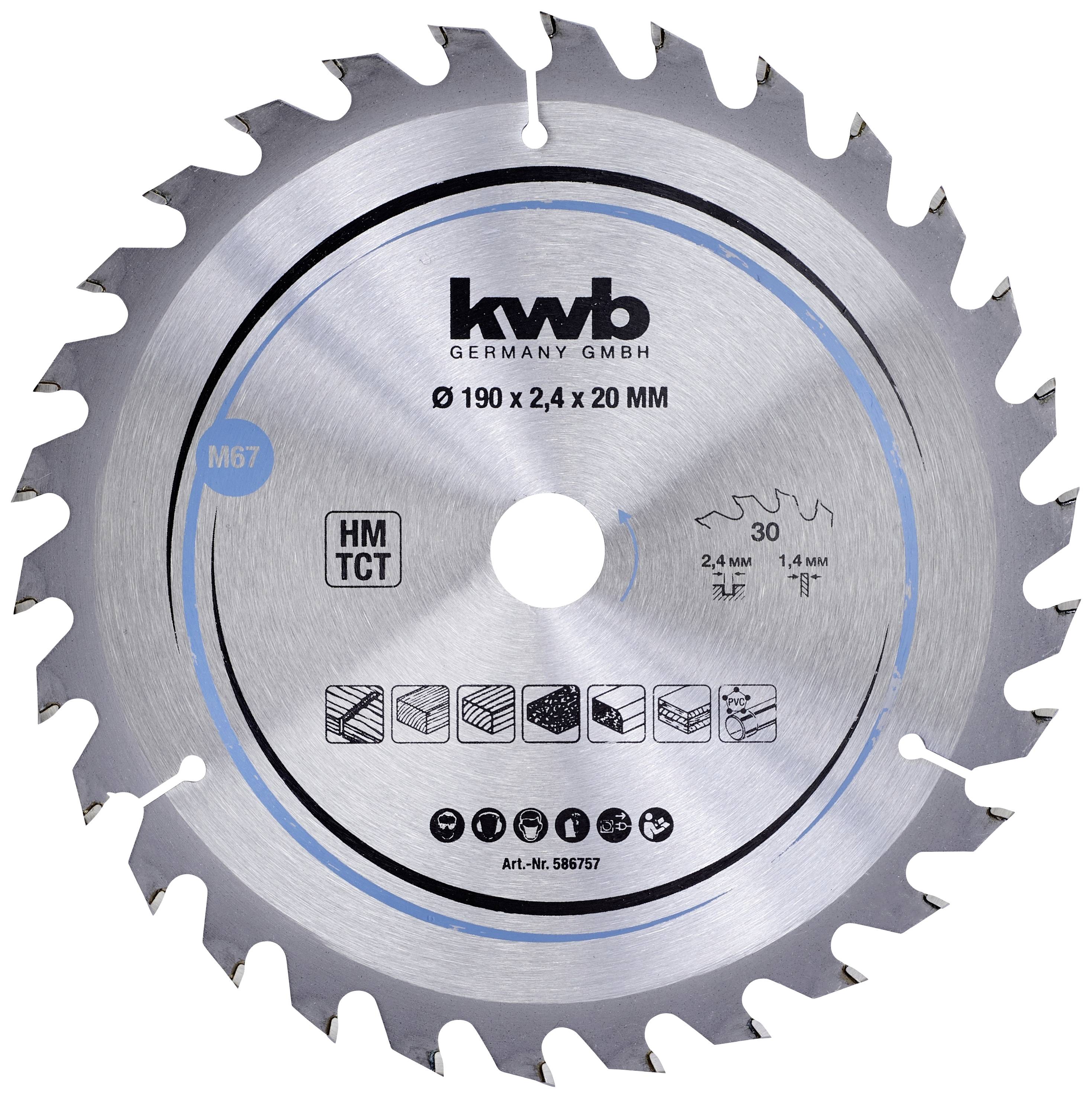 Pilový kotouč s 24 zuby, vhodný pro práci se dřevem. Text: 'Ø 190 x 2,4 x 20 mm', symboly použití, značka 'kwb Germany'.