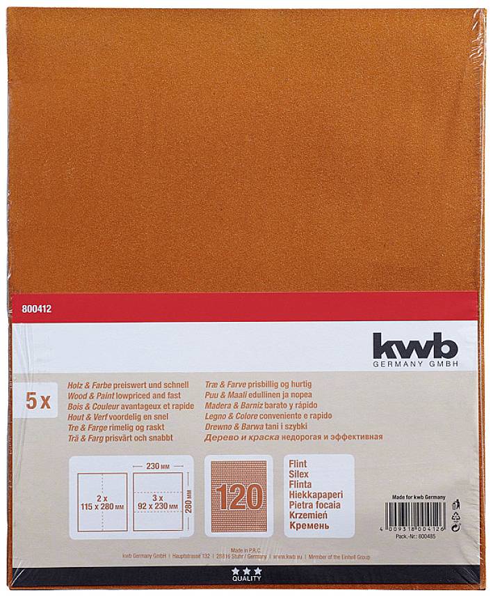 'Brusné papíry Oranges od kwb, balení po 5 kusech, zrnitost 120. Vhodné pro dřevo a barvu, rozměry 115 x 280 mm a 92 x 230 mm.'