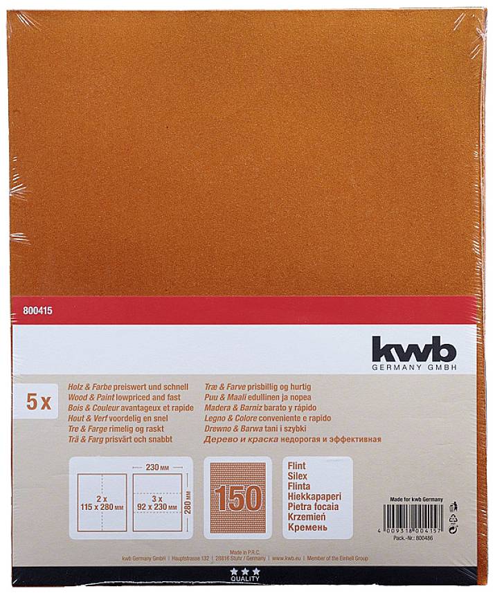 Balení pěti kusů brusných papírů značky kwb, rozměr 230 x 280 mm, zrnitost 150, vhodné pro dřevo a barvu.