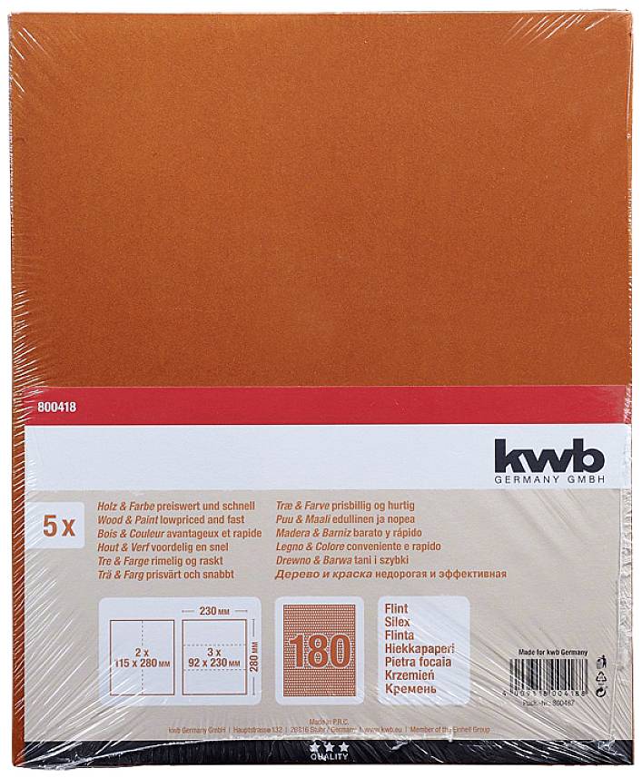 Brusný papír, 5 listů, 230 mm x 93 mm, zrnitost K180, vhodný pro dřevo a barvu, značka kwb, vyrobeno v Německu.