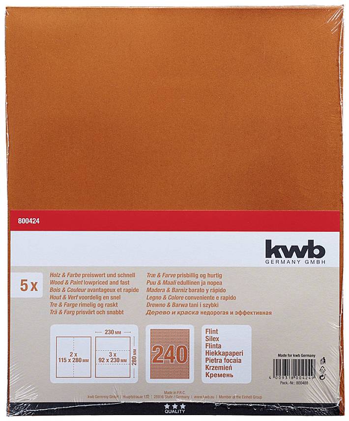 Balení 5 brusných papírů, zrnitost 240, značka KWB, vhodné pro dřevěné a kovové povrchy, velikost 230 mm x 280 mm.