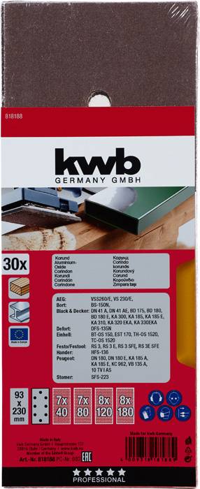 'Balení brusného papíru. Značka: kwb; obsahuje 30 listů. Rozměry: 93 x 230 mm. Popisy a grafiky k použití a formátům.'