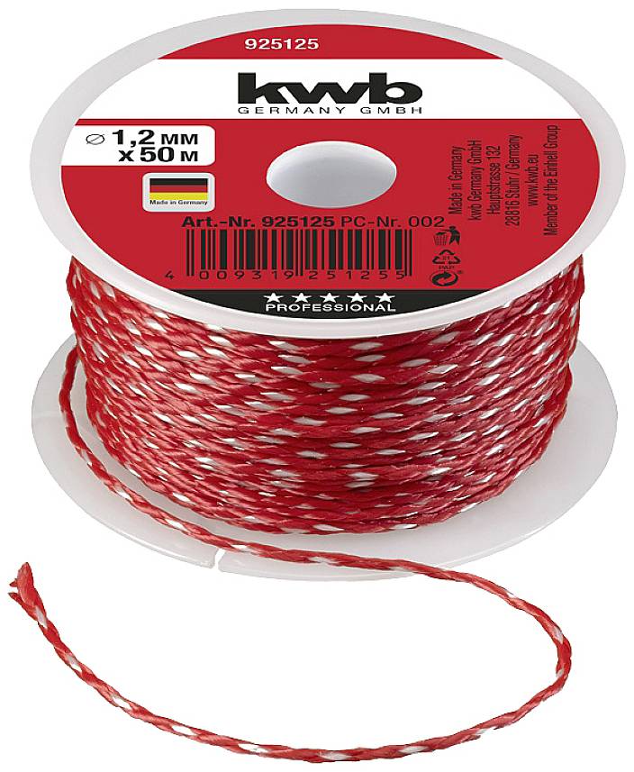 Role s 50 m x 1,2 mm červeno-bílou šňůrou, značky 'kwb Germany', vhodná pro různé aplikace a dekoraci.