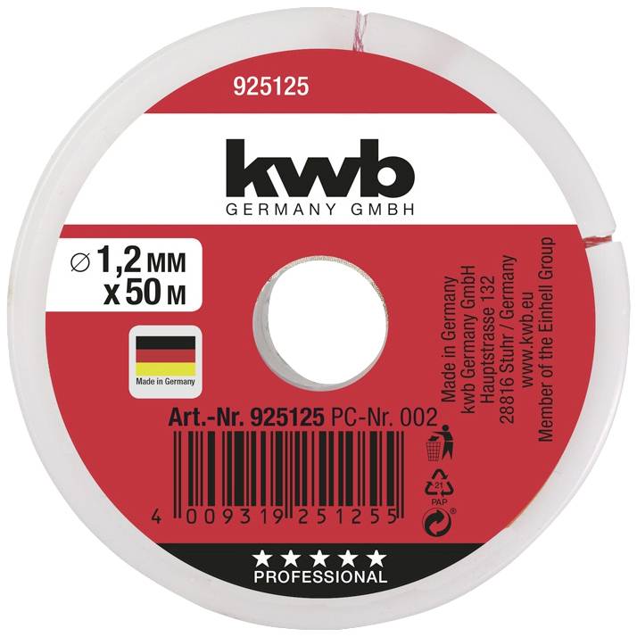 Samolepka na bílé roli s červeným štítkem: nápis 'kwb GERMANY 1,2 mm x 50 m', produktové detaily a německá vlajka.