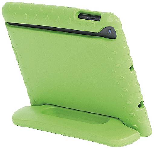 Zelený obal na tablet s texturovaným povrchem a stojánkem, pohled zezadu.