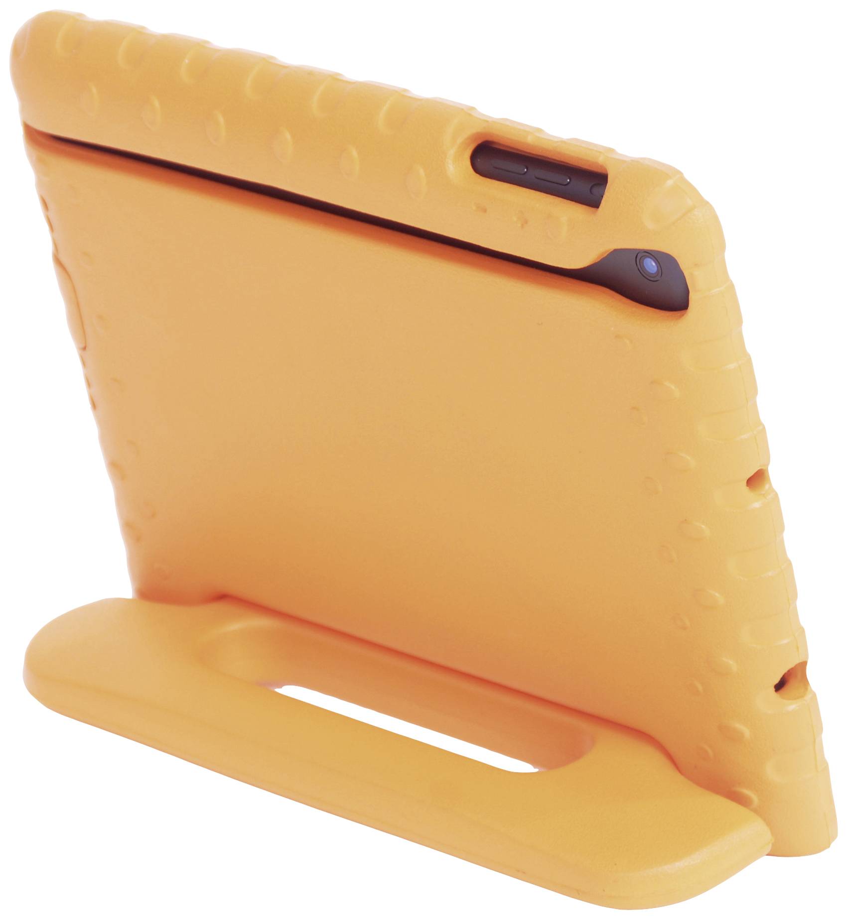 Tablet v oranžovém ochranném pouzdře s úchyty, umístěné na stojanu. Robustní design pro lepší ochranu a snadnou manipulaci.
