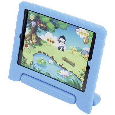 Tablet s modroučkým ochranným pouzdrem zobrazuje pestrobarevnou vzdělávací hru s různými zvířaty a přírodní scenérií. Na obrazovce jsou viditelné dětské postavičky a předměty.