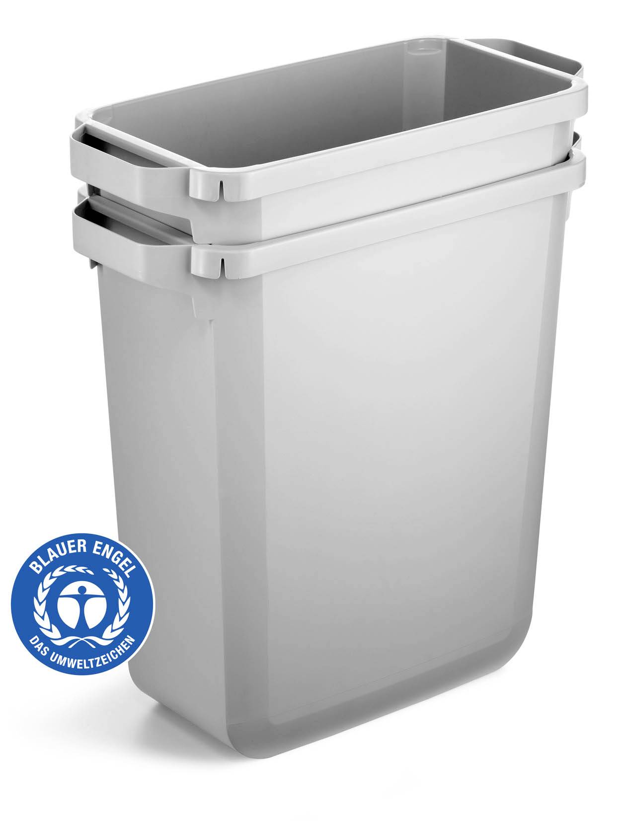 Šedý, pravoúhlý odpadkový kontejner s ekologickou značkou "Modrý anděl" v levém dolním rohu. Vhodný pro environmentálně šetrnou likvidaci odpadu.