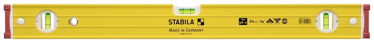 Žlutá vodováha se dvěma libelami pro kontrolu horizontálních a vertikálních rovin. Označení: 'STABILA, Made in Germany'.