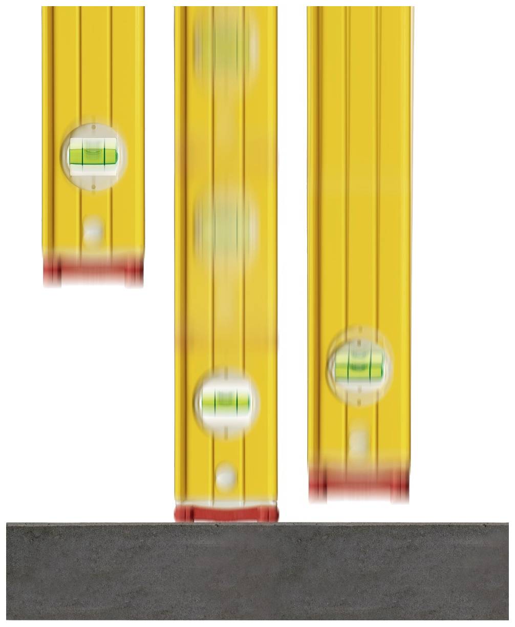 Tři žluté vodováhy v různých polohách ukazují stupeň vyrovnání. Libely jsou viditelné.