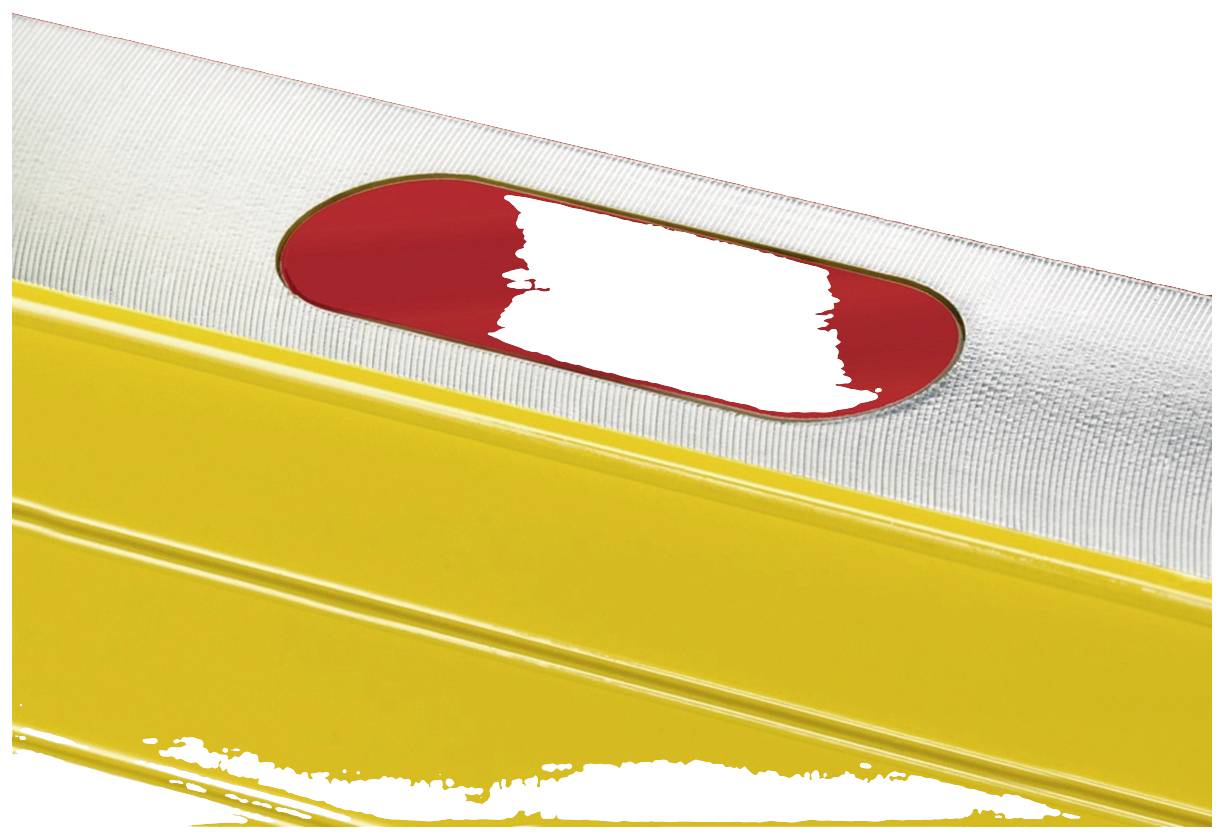 Vodováha se žlutým rámečkem a červeným displejem, která zobrazuje polohu bubliny pro měření vodorovnosti.