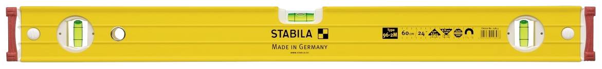 Žlutá vodováha se třemi libelami pro nivelaci, značka 'Stabila', text 'Vyrobeno v Německu'.