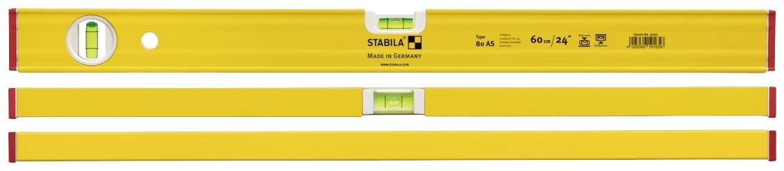 Vodováha, žlutá, s válcovou libelou. Délka: 60 cm. Pro přesné vodorovné a svislé vyrovnání.