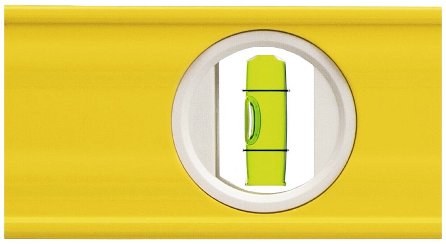 Žlutá vodováha s horizontálně umístěnou libelou uprostřed, která indikuje, že povrch je vyrovnaný.