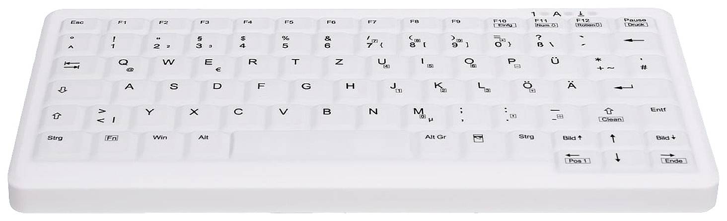 Bílá klávesnice bez popisků kláves, ergonomický design, vhodná pro uživatele, kteří se učí psát naslepo.