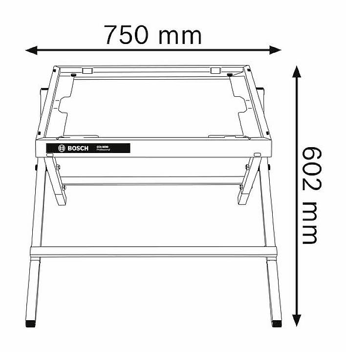Skládací stojan od Bosche s rozměry 750 mm šířky a 602 mm výšky pro dílenské zařízení, poskytuje stabilní postavení.