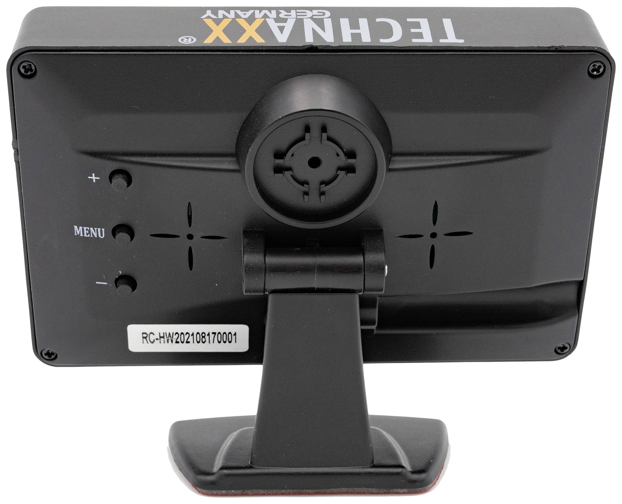 Zadní strana zařízení TECHNAXX se stojanem a menu tlačítky. Uprostřed uzávěr se zámkem. Viditelné číslo modelu RC-HW202108170001.