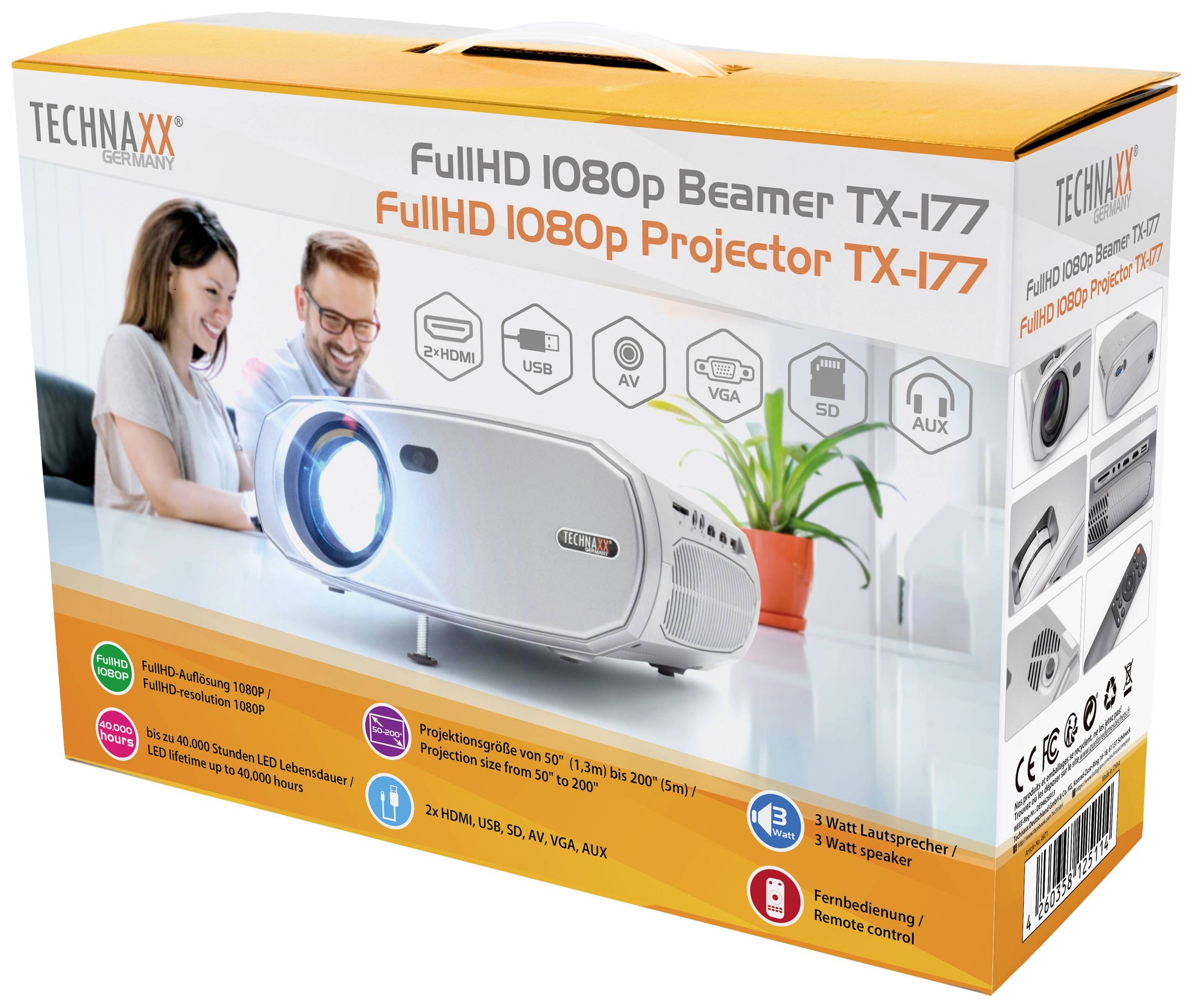 Obal projektoru Technaxx FullHD 1080p TX-177 zobrazuje projektor a smějící se pár. Funkce: HDMI, USB, AV, VGA, SD, AUX.