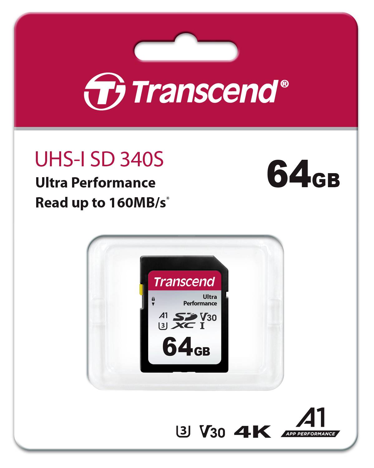 Transcend 64GB paměťová karta, UHS-I SD 340S, s rychlostí čtení až 160 MB/s, vhodná pro 4K nahrávky.