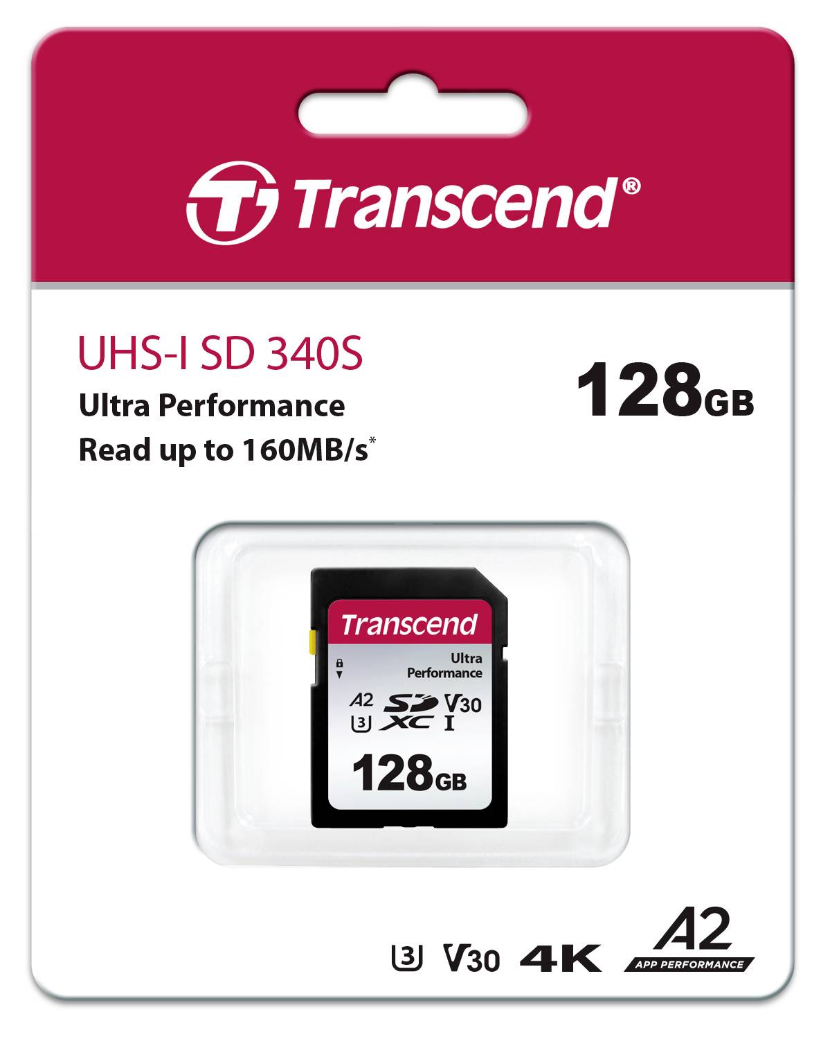 Balení paměťové karty Transcend SD s kapacitou 128 GB, podporující UHS-I, s rychlostí čtení až 160 MB/s, vhodné pro 4K záznam.