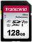 Transcend 128GB SD karta, Ultra Performance, A2, U3, V30, SDXC, třída 10, s uzamykacím symbolem vlevo nahoře.