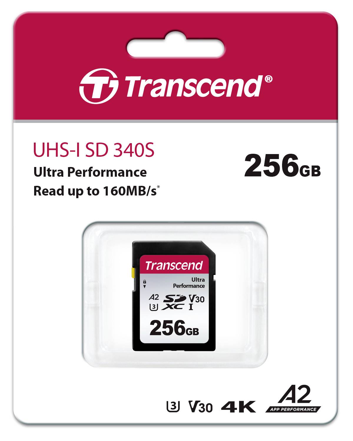 Obal Transcend 256GB UHS-I SD karty s nápisem "Ultra výkonnost, čtení až 160 MB/s".