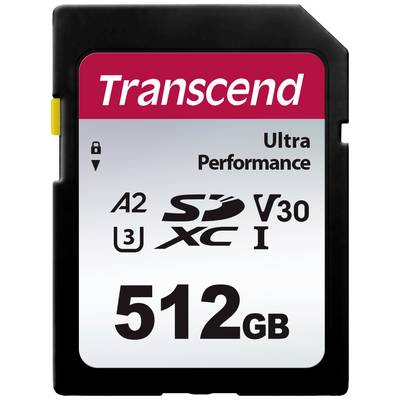 Karta SD 'Transcend Ultra Performance' s kapacitou 512 GB, kompatibilní se standardy A2, U3, V30 a XC I. Obrázek zobrazuje kartu s logy.